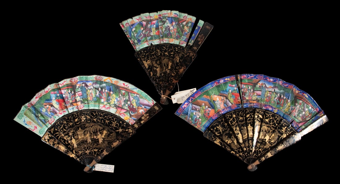 (3) 19TH C. CHINESE HAND PAINTED PAPER HAND FANS FROM NICHOLS FAMILY OF DANVERS, MASS.: 16 Stick Hand Fans painted with domestic scenes, on gilt decorated black lacquered frames. two are in the original painted fitted boxes. Given to Mary by Aunt Nellie Chapman Nichols Preston