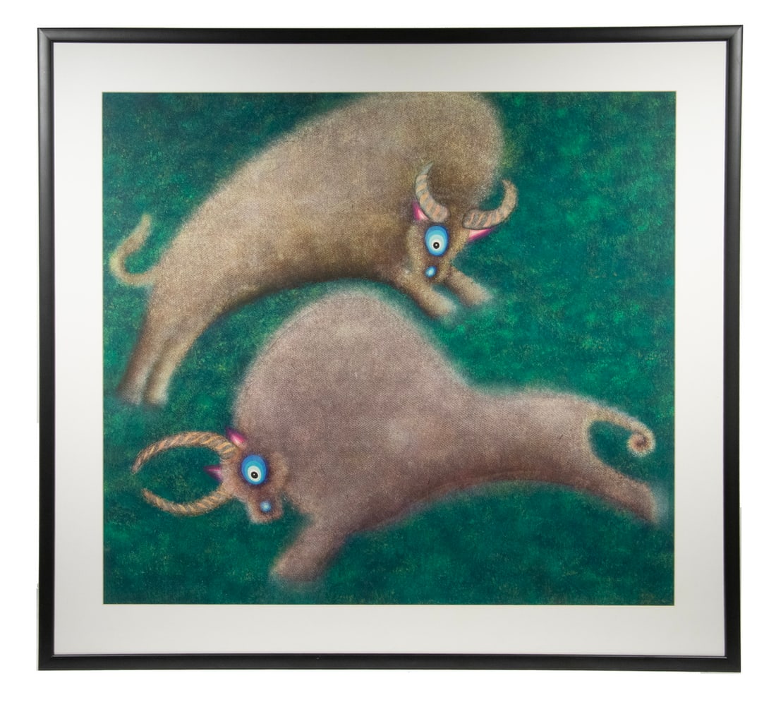 CHINESE JINSHAN PEASANT PAINTING: A Pair of Leaping Oxen, representing spring and agriculture, folk art gouache on coarse fabric, unsigned, modern, in black box frame, matted under plexi, OS: 37" x 40 1/2", SS: 30" x 32 1/2". Framed