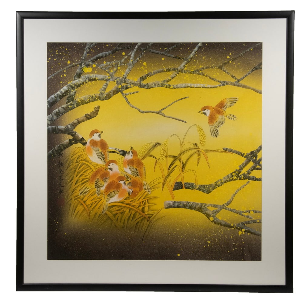 CHINESE MODERN KACHE-E PAINTING: Songbirds Crowding a Bare Branch Winter Nest in golden light, gouache on paper, signed and with seal, in black box frame, matted under plexi. Framed in Hong Kong.OS: 33 1/2 x 33 in. (85.1 x 83.8