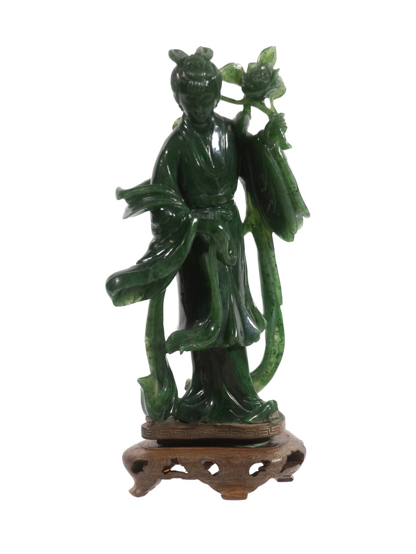 CHINESE JADE FIGURE ON A SILVER-INLAID WOOD STAND, 20TH CENTURY (1 of 3)