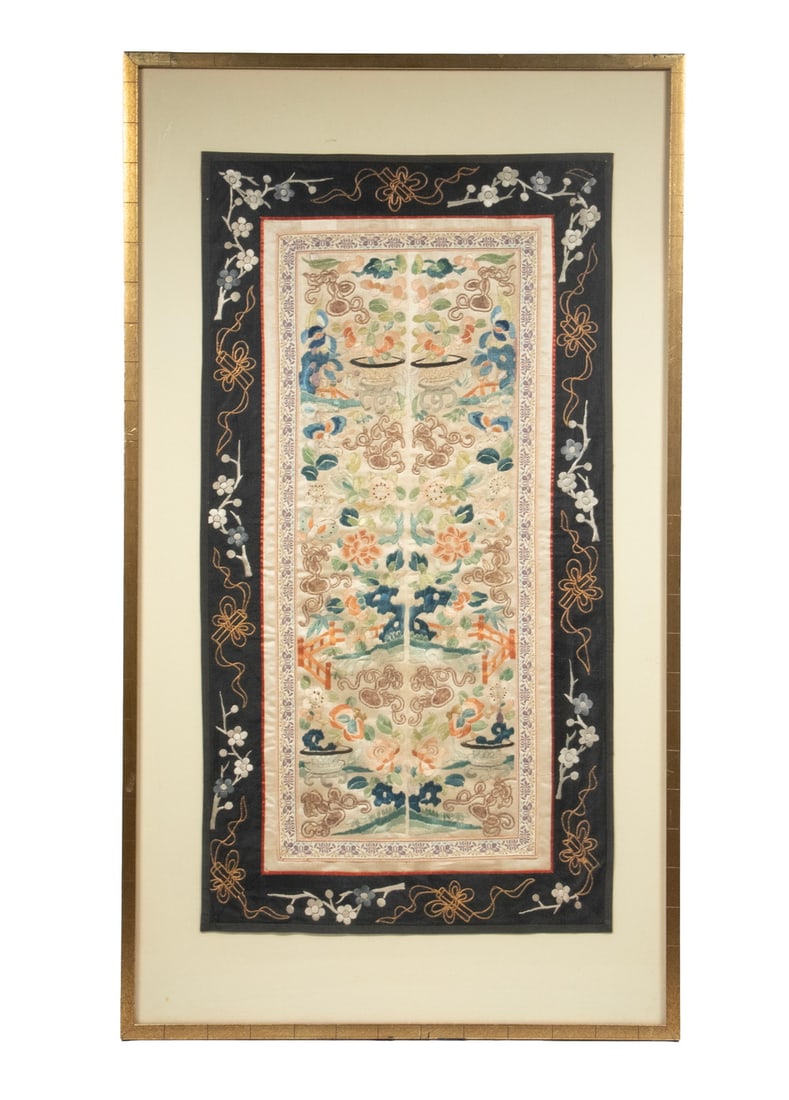 CHINESE SILK EMBROIDERED PANEL WITH FLORAL AND AUSPICIOUS MOTIFS, 19TH CENTURY (1 of 2)