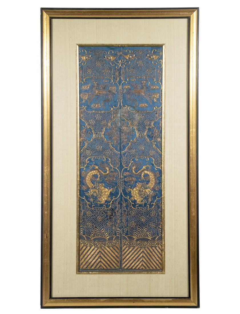 CHINESE BLUE GROUND GOLD-THREAD DRAGON SILK PANEL,19TH CENTURY (1 of 2)