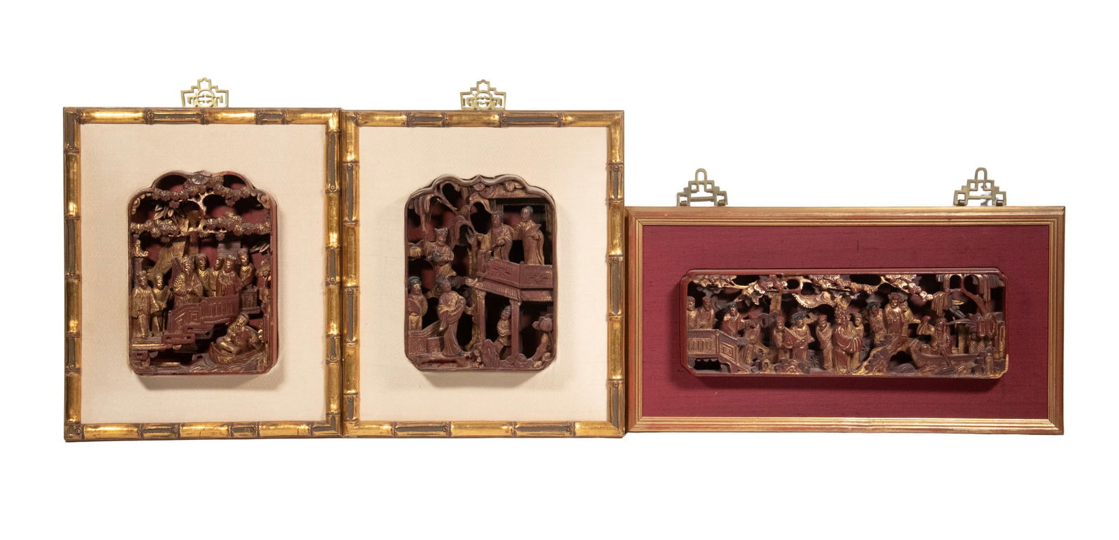 (3) CHINESE GILT-DECORATED FIGURAL WOOD RELIEF PANELS, REPUBLIC PERIOD (1 of 3)