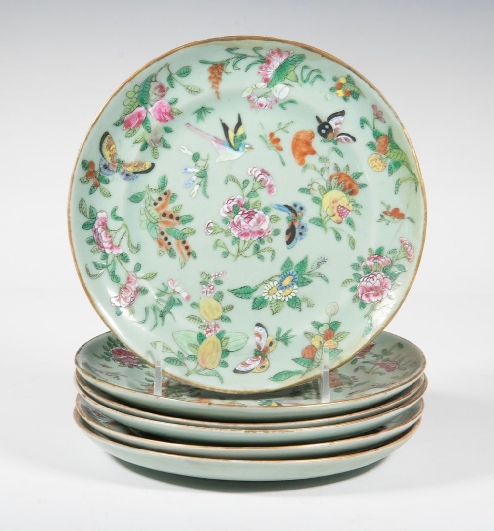 (6) CHINESE CELADON GROUND FAMILLE ROSE FLORAL PLATES, REPUBLIC PERIOD (1 of 4)