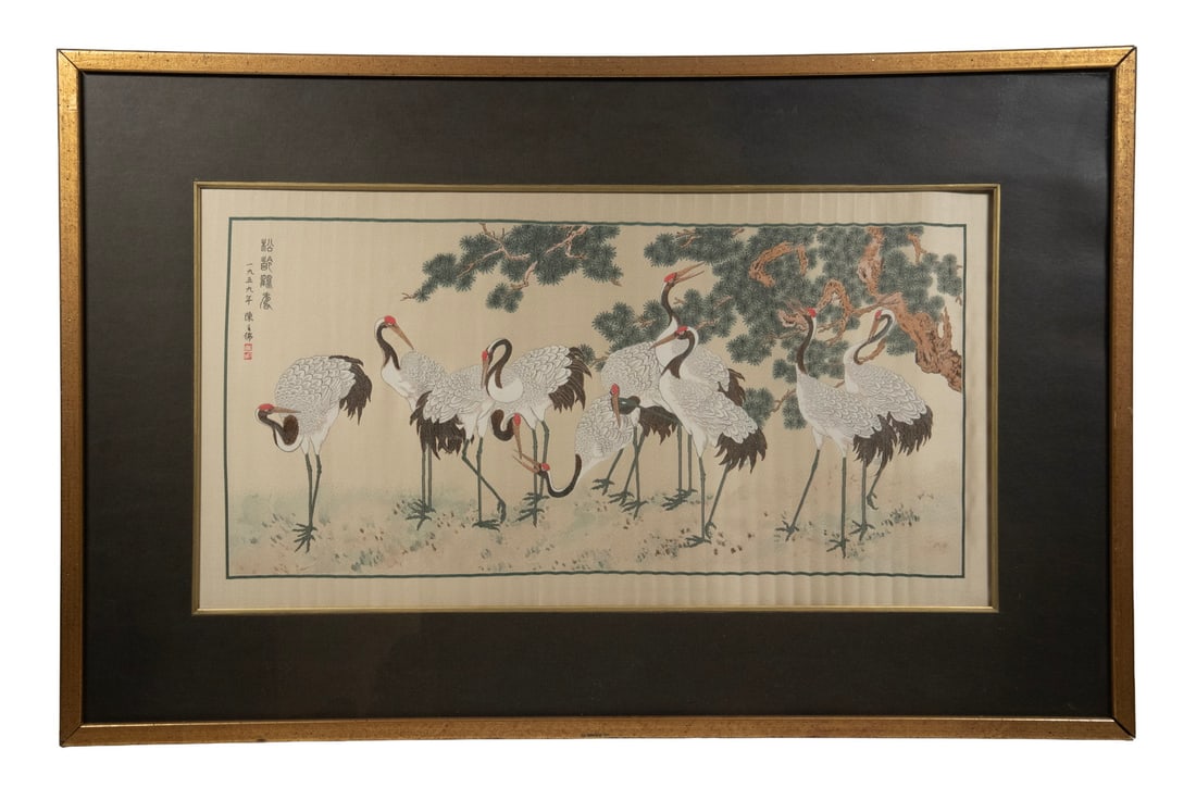 CHINESE WOVEN TEXTILE PANEL DESIGNED BY CHEN ZHIFO (1896–1962), DATED 1959: A finely woven Chinese textile panel depicting cranes amid pine trees, a traditional motif symbolizing longevity and auspiciousness. The balanced composition and refined decorative style reflect the