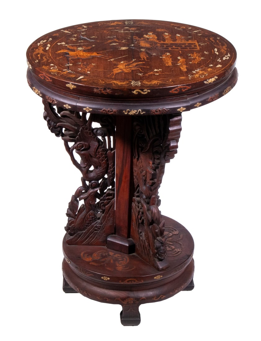 CHINESE INLAID PADOUK WOOD STAND: 19th century Round Table, the top having boxwood and ivory inlay with penwork decoration depicting a battle scene surrounded by an inlaid band of auspicious symbols such as coins, phoenix birds, and q
