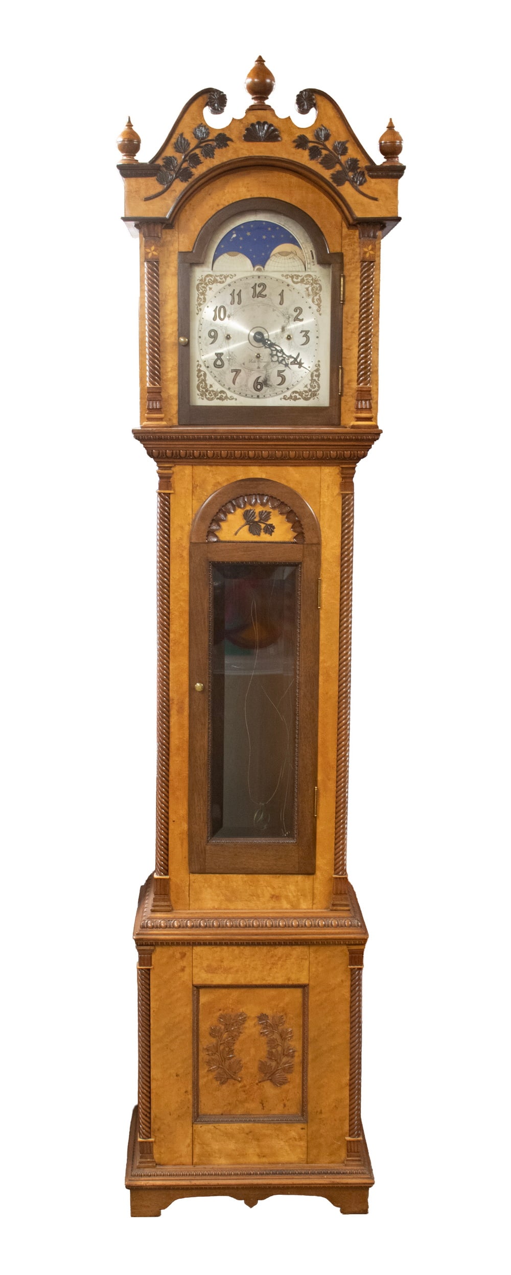 SETH THOMAS CUSTOM 'VICTORIAN' GRANDFATHER CLOCK: Two Toned Case in mahogany and maple, with ornate broken pediment having three wooden finials, the case molded, with twist columns, applied leaves and blossoms, bracket base; silver dial with brass nu