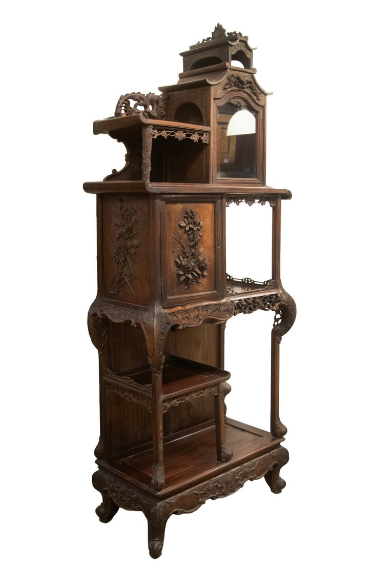 EARLY 19TH C. CHINESE DISPLAY ETAGERE: Tall Rosewood Asymmetrical Display Shelves with pagoda form glass enclosed cabinet top right, stepped shelves an enclosed cabinet below, overall intricate carvings of birds on branches, floral blossom