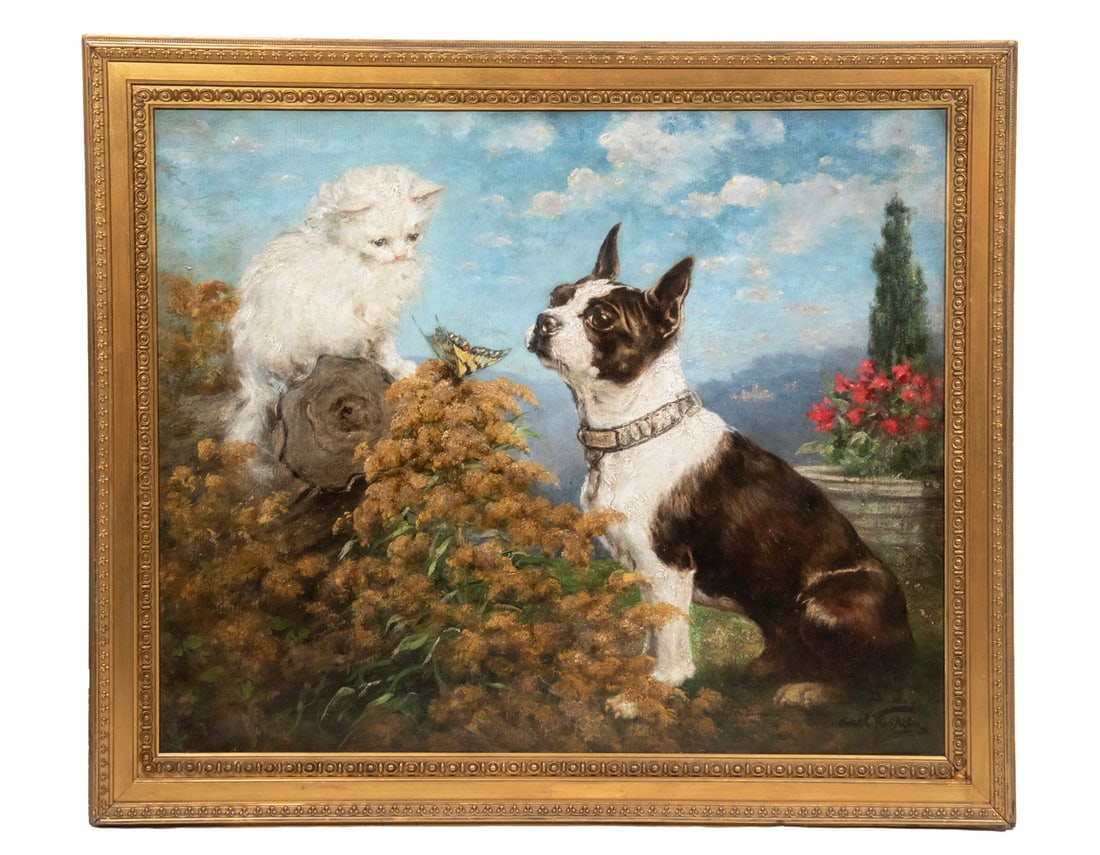 CARL KAHLER (AUSTRIA, 1856-1906): A whimsical scene of an Angora kitten eyeing a butterfly, as a concerned Boston terrier looks on, oil on canvas, signed lower right. In period frame.Kahler was an early specialist in cat-oriented