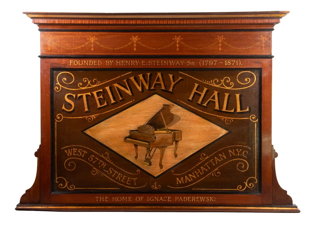 REPLICA 19TH C. STEINWAY GRAND PIANO INTERIOR ADVERTISEMENT: Steinway Hall, West 57th Street, Manhattan N.Y.C., Founded by Henry E. Steinway Sr. (1797-1871), The Home of Ignace Paderewski, hand painted with gilt lettering on mahogany, having integral molded