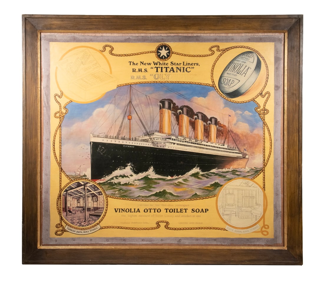 RMS 'TITANIC' / VINOLIA SOAP AD ARTWORK, UNFINISHED OOC: The New White Star Liners, RMS 'Titanic' RMS 'Oly.... / Vinolia Otto Toilet Soap, oil on canvas, unfinished artist's proof (presumably because the ship sank), with vignettes of the Turkish Baths and