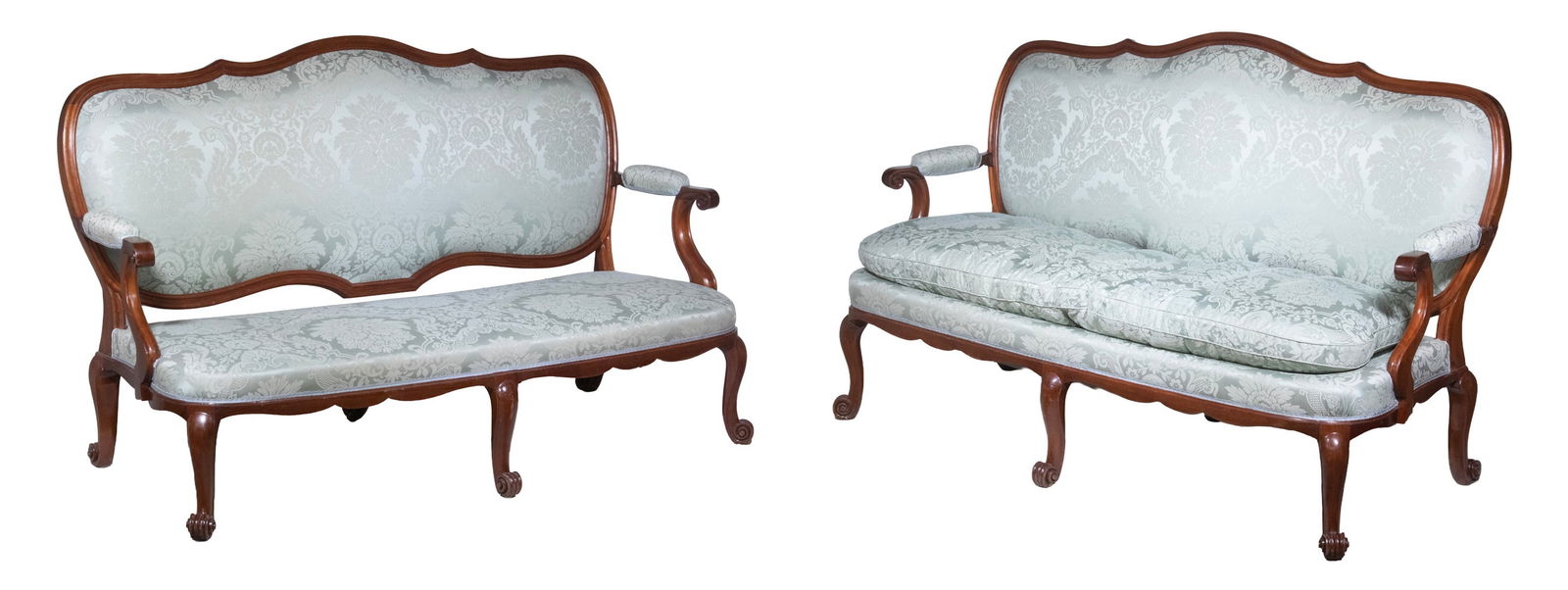 PAIR OF CUSTOM DESIGNER SIX FOOT SEAFOAM GREEN UPHOLSTERED WALNUT SOFAS: Pair of Red Walnut Custom Designer Sofa, the frames being identical, the upholstery in the same pale green damask, but one with loose down seat cushion, the other with hard covered seat, both with