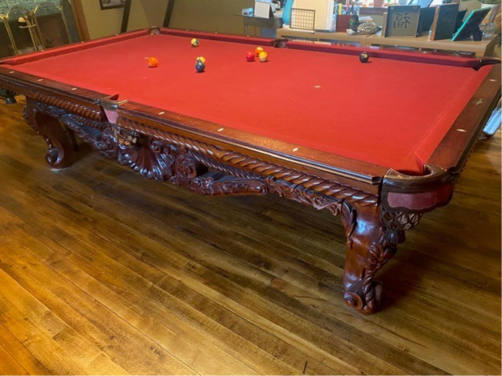 VICTORIAN POOL TABLE: Red velvet liner, suede pockets and mother of pearl inlays.OS: 32 x 60 x 108 in. (81.3 x 152.4 x 274.3 cm.)