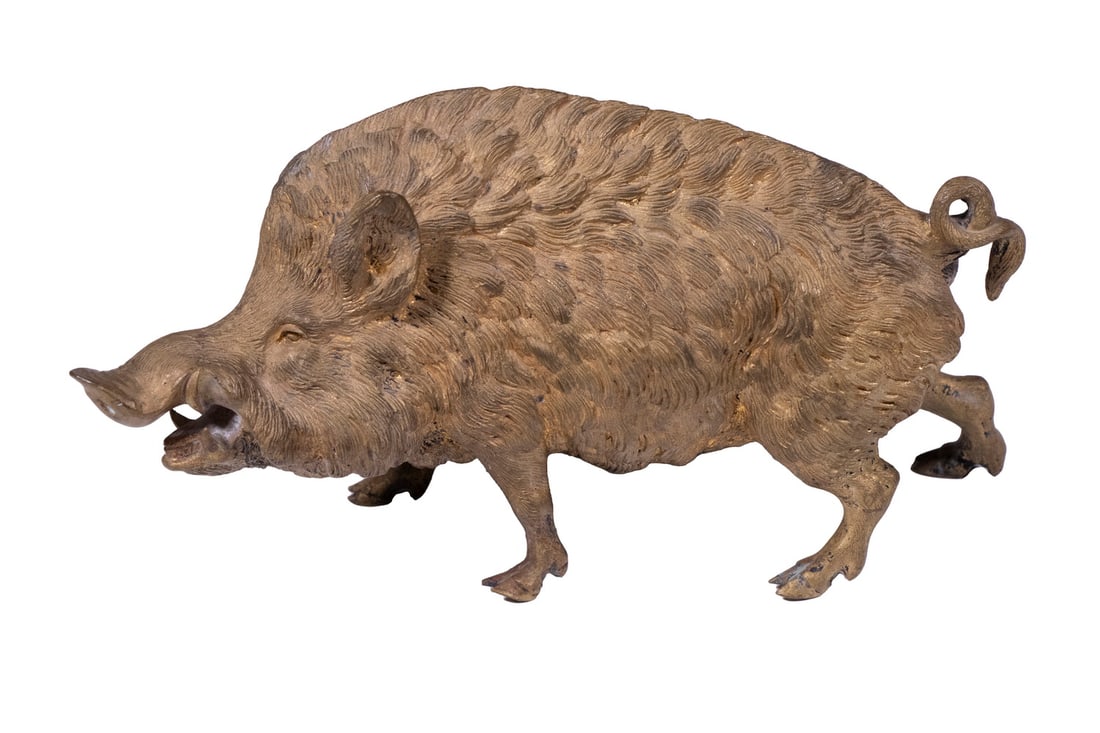 AUSTRIAN GILDED BRONZE WILD BOAR SCULPTURE: Large 19th c. Vienna Cold Painted Bronze Figure, depicting a standing boar, stamped "Geschutzt" (protected) on base.4 1/2 x 8 x 2 1/2 in. (11.4 x 20.3 x 6.4 cm.)