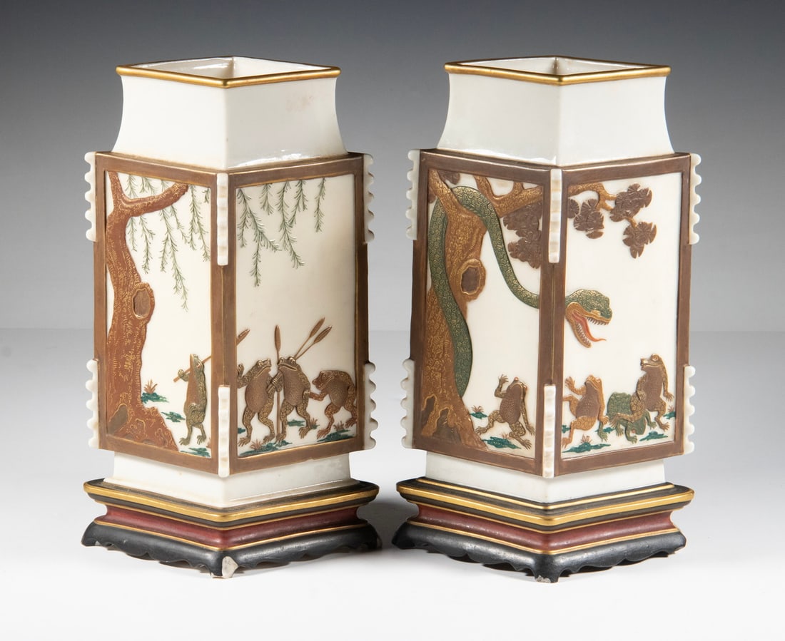 PR ROYAL WORCESTER PORCELAIN CHINOISERIE VASES: Pair of English Aesthetic Movement Porcelain Vases, with 1872 date mark, design attributed to James Hadley (1827-1903), having a Chinese cong form diamond shape with four side panels with raised and