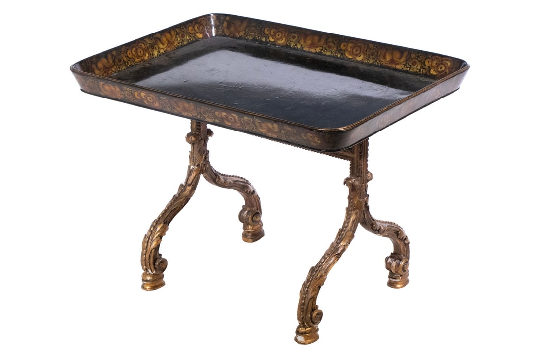 VICTORIAN BLACK LACQUERED PAPIER MACHE TRAY ON STAND: Rectangular Loose Tray on Matching Stand, circa 1870, with polychrome floral decoration and gilt flourishes.OS: 22 x 22 x 32 1/2 in. (55.9 x 55.9 x 82.6 cm.)