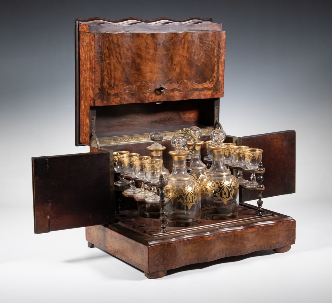 FRENCH GILT TANTALUS SET IN INLAID WALNUT CASE (1 of 4)