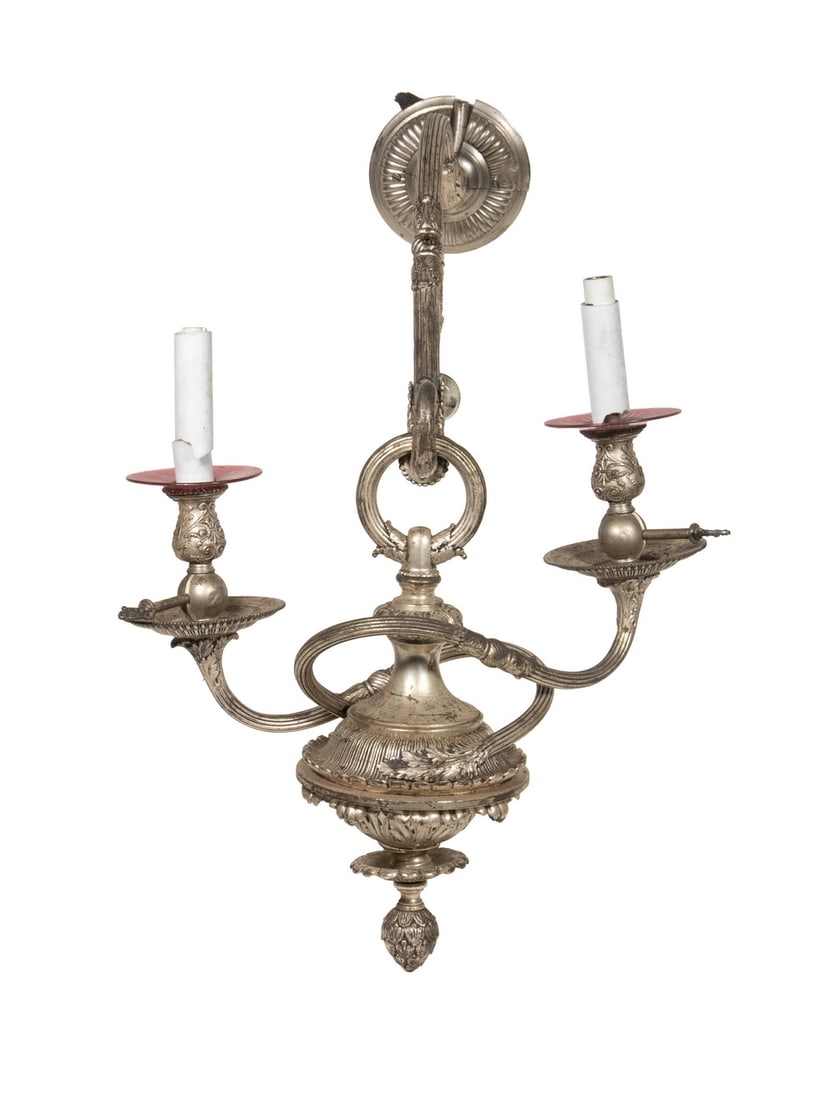 VINTAGE SILVERLEAF ART NOUVEAU DEEP BRACKET TWO CANDLE SCONCE: Silvered Bronze Converted Gas-to-Electric foliate deep bracket sconce with sinuous stems, red glass bobeches, circa 1890, cloth covered wiring.OS: 20 x 14 x 18 in. (50.8 x 35.6 x 45.7 cm.)