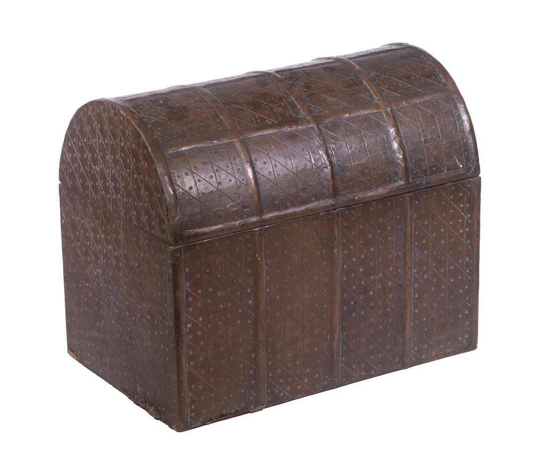 19TH C. MOROCCO MADE COPPER SHEATHED TRUNK: Cylinder-Top Hardwood Trunk covered in hand-chased copper, obtained circa 1870, having half-round partitions on top and front, repeating geometric punch decoration, replaced butt hinges and stop