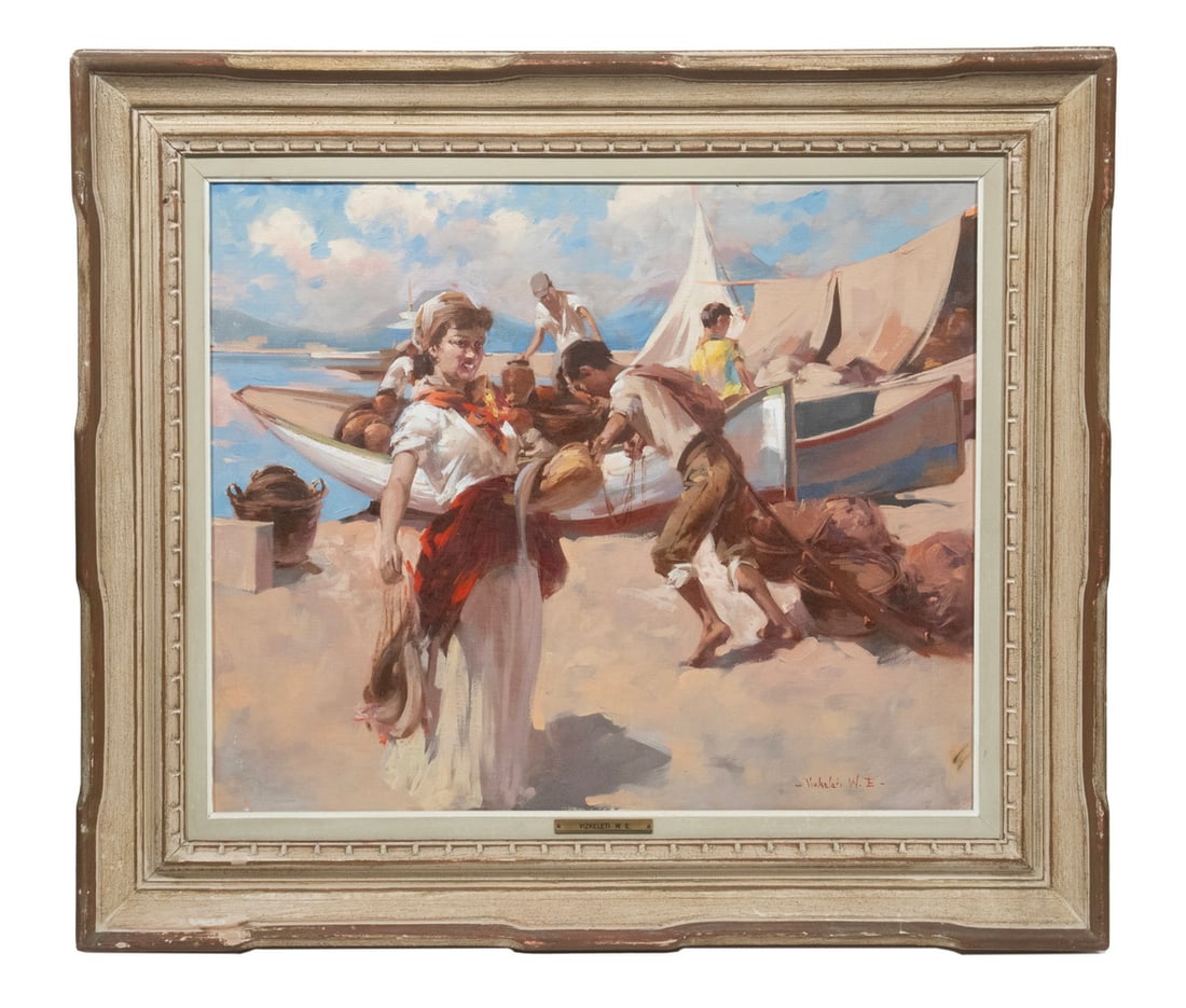 WITMAN ETELKA VIZKELETI (HUNGARY, 1882-1962): The Fisherman's Wife, oil on linen, signed lower right, in painted gold and cream hand carved frame.OS: 27 1/2 x 31 1/2 in. (69.9 x 80 cm.), SS: 19 1/2 x 23 1/2 in. (49.5 x 59.7 cm.)