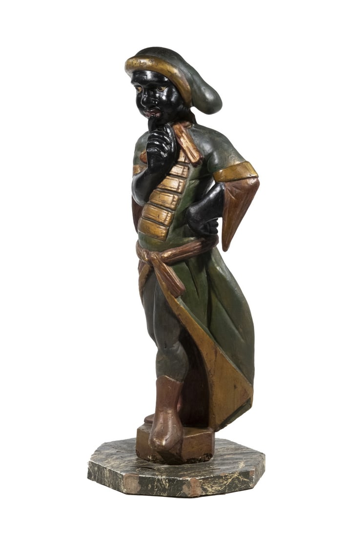 19TH C. BLACKAMOOR FIGURE: Architectural Carved and Polychromed Wood Figure, standing, with finger to lips, in family livery. Minor losses.34 x 14 x 14 in. (86.4 x 35.6 x 35.6 cm.)