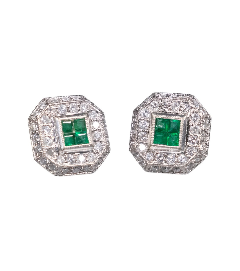PR 18K GOLD EMERALD AND DIAMOND STUD EARRINGS (1 of 3)