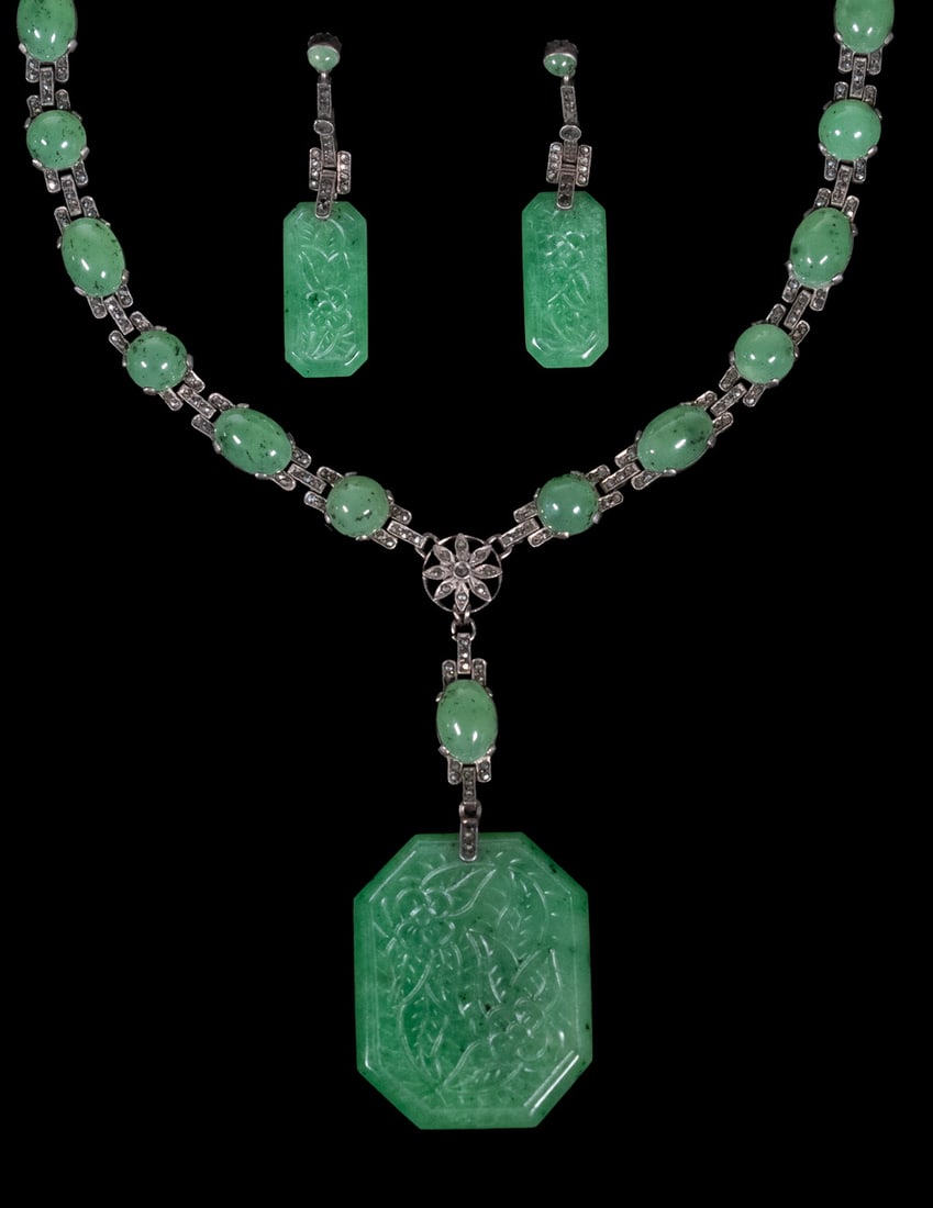 ART DECO JADE, MARCASITE, AND SILVER JEWELRY SUITE (1 of 1)