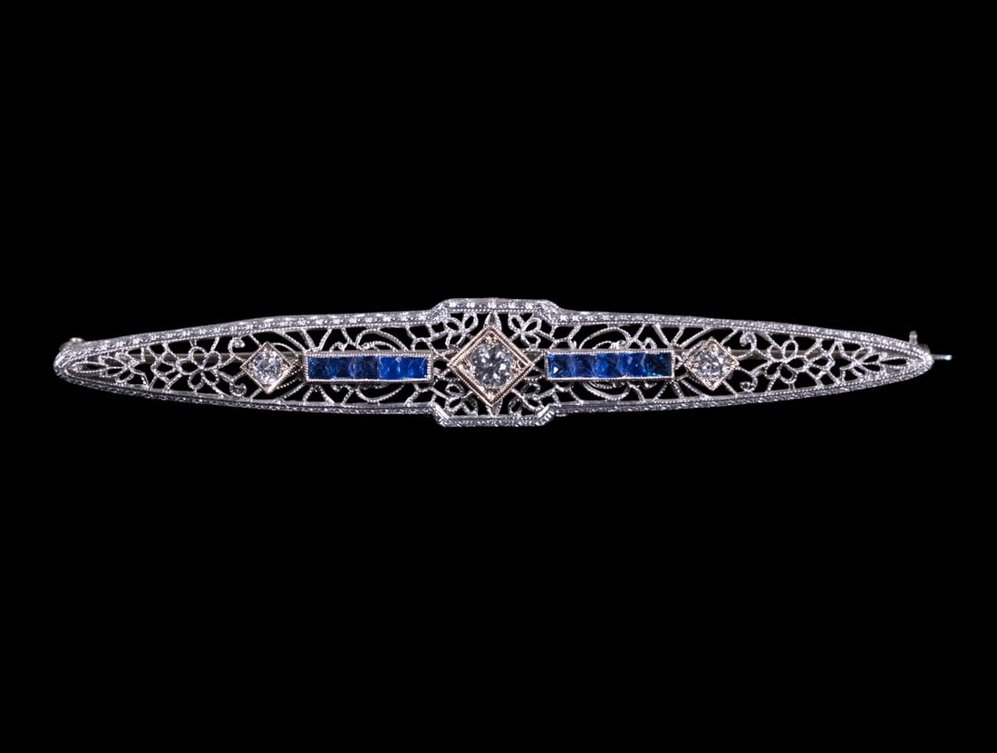 ART DECO 14K GOLD SAPPHIRES AND DIAMOND FILIGREE BAR BROOCH (1 of 2)