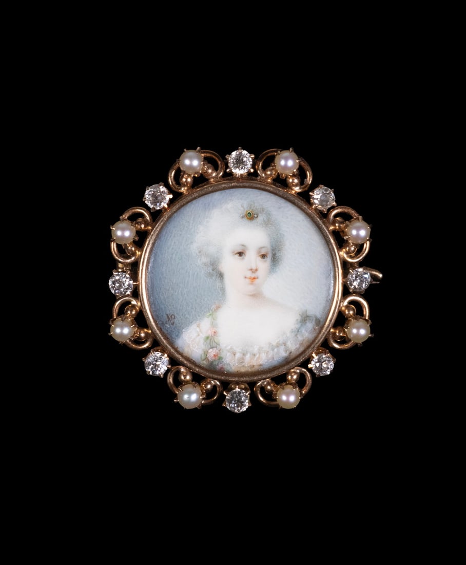 VICTORIAN 14K GOLD PORTRAIT MINIATURE BROOCH WITH DIAMOND AND PEARL (1 of 2)