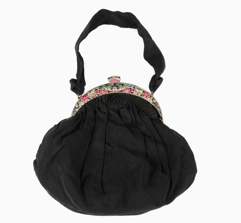 VINTAGE SILK EVENING BAG WITH STERLING FRAME: Circa 1930-40s Guild Creations Black Silk Evening Bag, with Austrian 935-silver openwork and engraved frame, frame and clasp set with rubies, emeralds and blue sapphires, silk handle, satin lined with