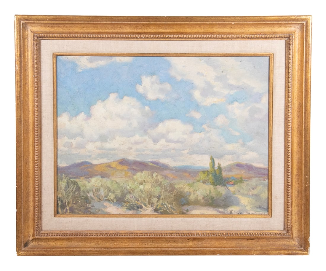 HANS MEYER-KASSEL (NV/CA/GERMANY, 1872-1952): Desert Landscape, Nevada, oil on board, signed lower left and dated 1948, titled verso, in modern gold cove frame with linen liner. OS: 17 1/2 x 21 1/2 in. (44.5 x 54.6 cm.), SS: 12 x 16 in. (30.5 x 4