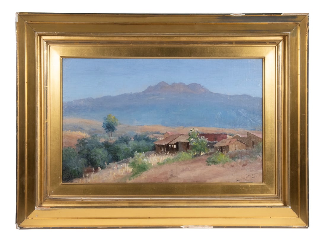 TOWNLEY BENSON (CA/CANADA/MEXICO, 1848-1907): Mexican Landscape with Small Town and Distant Butte, oil on canvas board, signed lower right and dated 1901, in bright gilt mitered frame. OS: 19 1/2 x 26 1/2 in. (49.5 x 67.3 cm.), SS: 11 x 18 in. (2