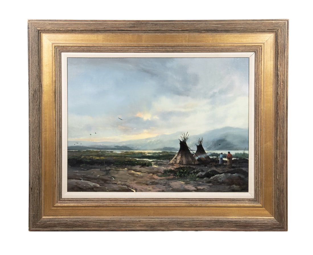 THOMAS (WILLIAM THOMAS) KINKADE III (CA, 1958-2012): Approaching Storm, depicting a Native American encampment at edge of mountain lake, oil on canvas board, signed lower right and dated 1982, TITLED VERSO, in barnwood and gold molded frame with linen l