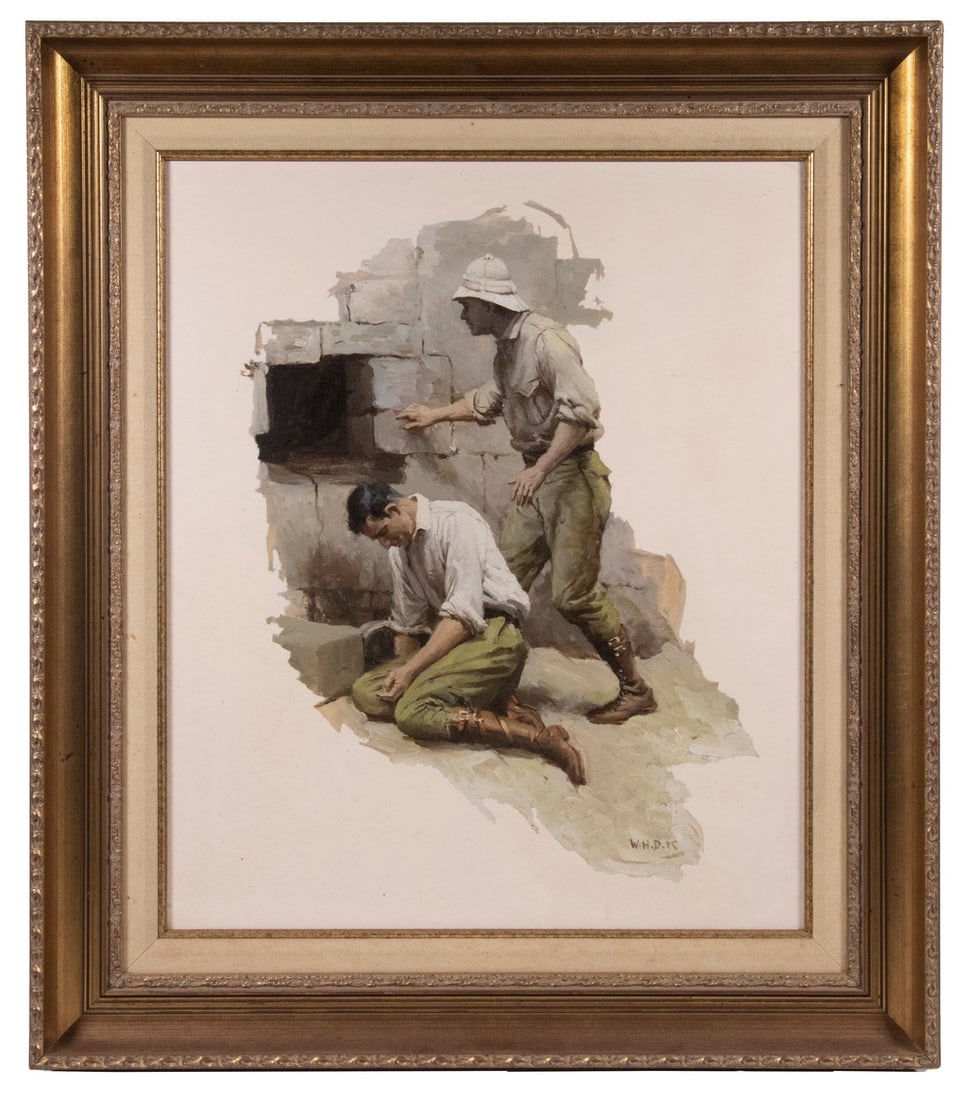 WILLIAM HENRY DETHLEF KOERNER (NJ/NY/MT, 1878-1938): Catalog #2368. "The Vanished Treasure". A narrative sketch illustration on a cream field for "A King in Babylon" by Burton E. Stevenson, appearing in "McClure's Magazine, July 1917. Depicting two Brit