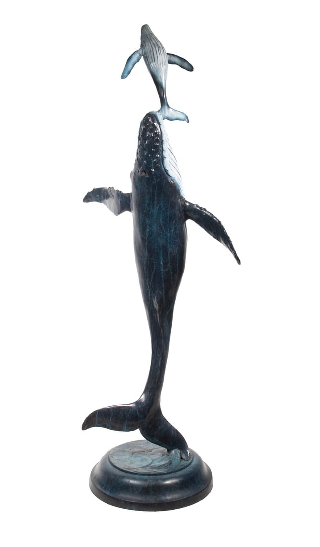 CHRISTOPHER SMITH (CONTEMPORARY MONTANA/MAINE): Cow Humpback Whale Pushing Her Calf Gently to the Surface for its First Breath, cast and patinated bronze, signed and numbered 5/48 on integral base.OS: 42 x 20 x 12 in. (106.7 x 50.8 x 30.5 cm.)