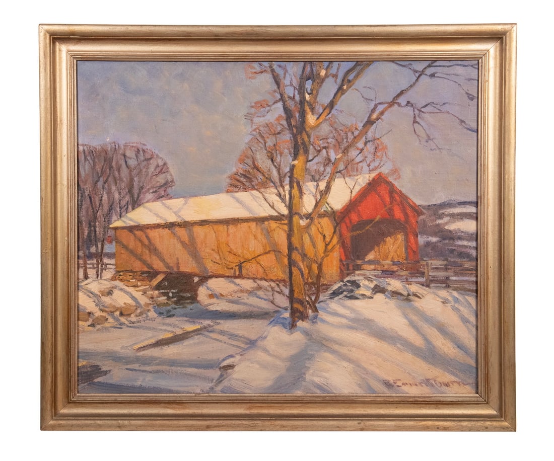 ROBERT EMMETT OWEN (NY/MA 1878-1957): Covered Bridge in Winter, oil on canvas, signed lower right, in pale gold molded frame.OS: 24 x 28 in. (61 x 71.1 cm.), SS: 19 1/2 x 23 1/2 in. (49.5 x 59.7 cm.)