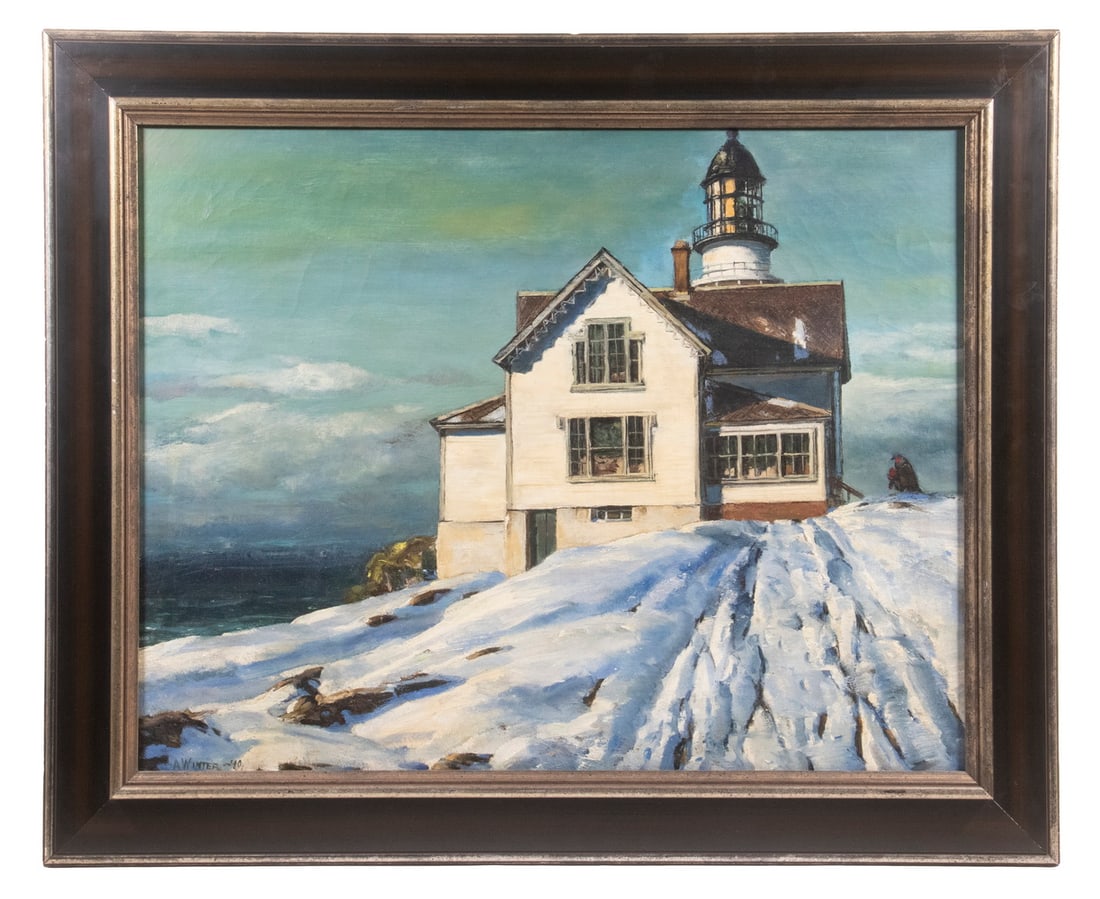 ANDREW GEORGE WINTER (NY/ME/MA, 1893-1958): Captain Upton's House, Cape Elizabeth, Maine. Oil on Canvas, Framed. Signed and dated lower left A. Winter - 40".This is strikingly similar to "The Lighthouse at Two Lights" by Edward Hopper, painted