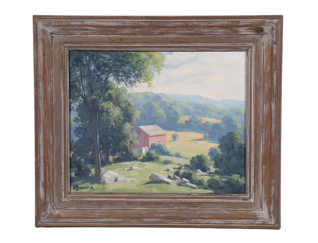 BERTRAND GEORGE BRUESTLE (NY/CT 1902-1967): Barn in Summer, featuring a red barn below a rocky hillside, oil on masonite, signed lower left, in gilt molded cove frame.OS: 11 1/2 x 13 1/2 in. (29.2 x 34.3 cm.), SS: 8 x 10 in. (20.3 x 25.4 cm.)