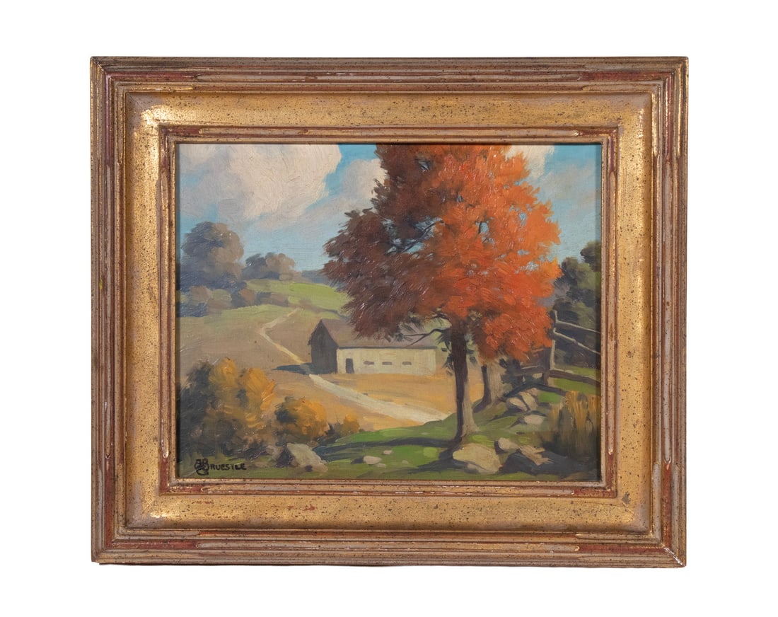 BERTRAND GEORGE BRUESTLE (NY/CT, 1902-1967): Barn in Autumn, featuring a flaming orange maple over a country dirt track, oil on masonite, signed lower left, in gilt molded cove frame.OS: 11 1/2 x 13 1/2 in. (29.2 x 34.3 cm.), SS: 8 x 10 in.