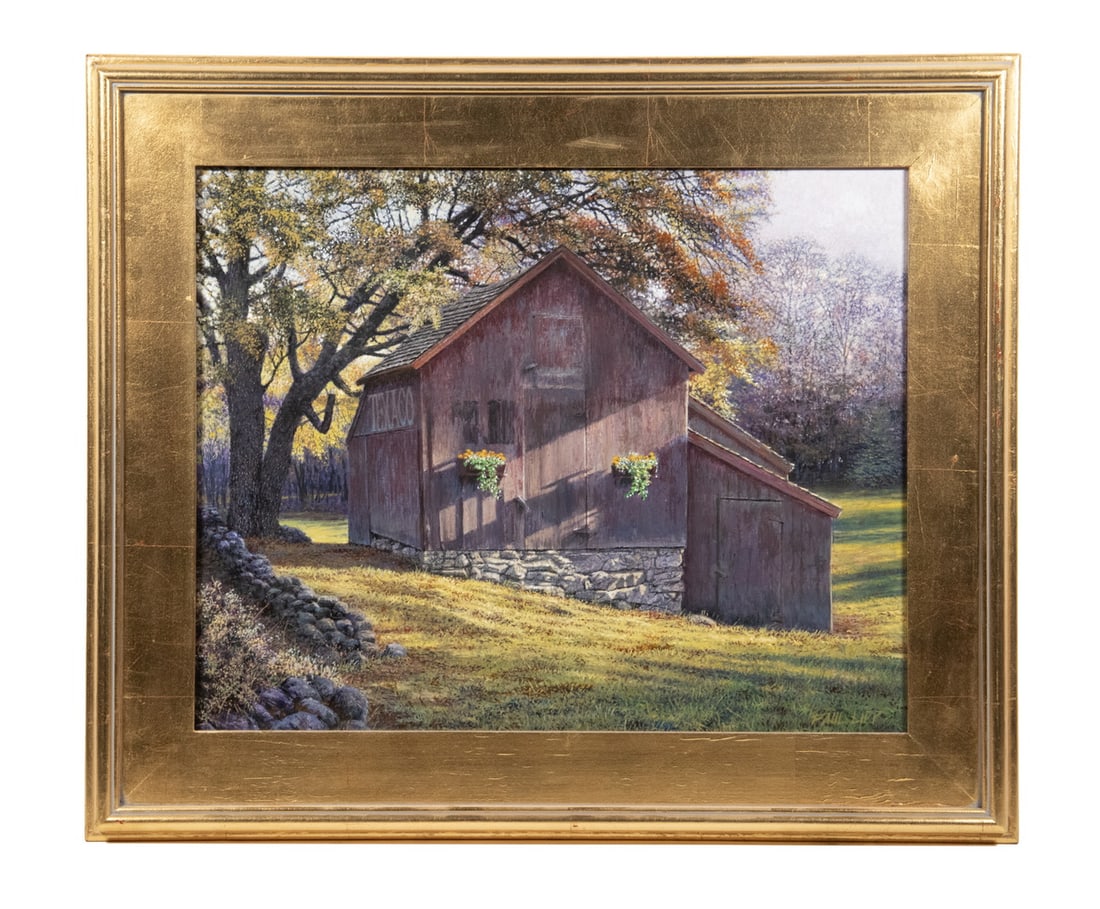 PAUL LIPP (CT, 1977 - ): Texaco Station, oil on hard board, signed lower right, titled on label verso from Sylvan Gallery of Wiscasset, Maine, having an original price of $2,900. In bright gilt molded panel frame.OS: 21 x 25