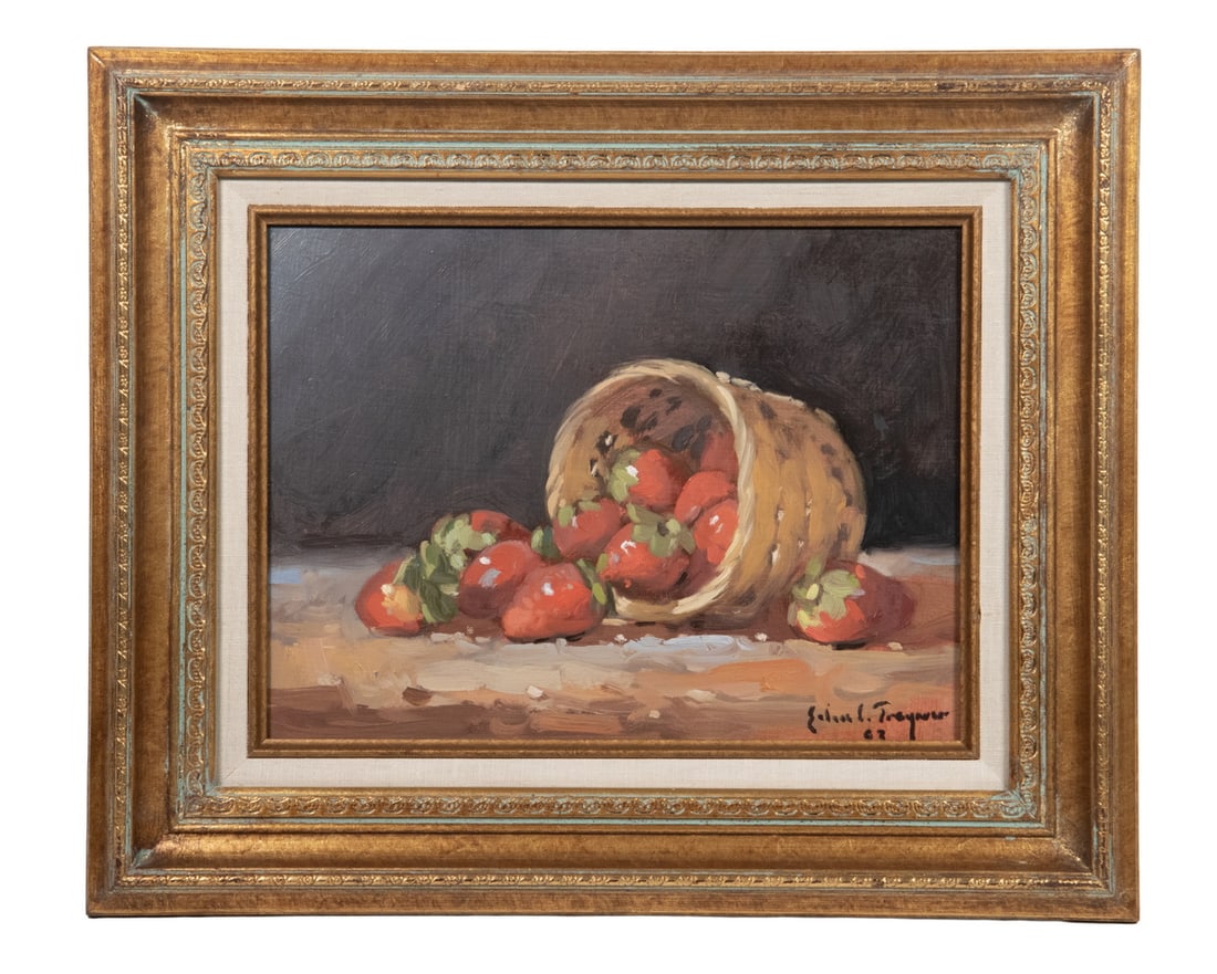 JOHN C. TRAYNOR (NY/NH, 1961 - ): Still Life of a Basket of Spilled Strawberries, oil on board, signed lower right and dated '93, in gold cove frame with linen liner.OS: 14 x 17 in. (35.6 x 43.2 cm.), SS: 8 1/2 x 11 1/2 in. (21.6 x
