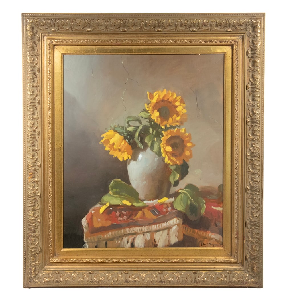 JOHN C. TRAYNOR (NY/NH, 1961 - ): Still Life of Sunflowers in pale green vase on rug draped table, oil on canvas, signed and dated '95, in large gold gesso style frame.OS: 33 1/2 x 29 in. (85.1 x 73.7 cm.), SS: 23 1/2 x 19 in. (59.7