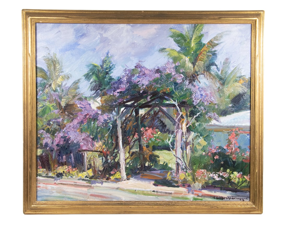 EMILE ALBERT GRUPPE (MA, 1896-1978): Bougainvillea, Florida, oil on canvas, depicting an arbor entry to a walled yard, signed lower right, titled verso, also inscribed "John E. Hemingway" on the frame, in gilt molded frame.OS: 28 1/2 x