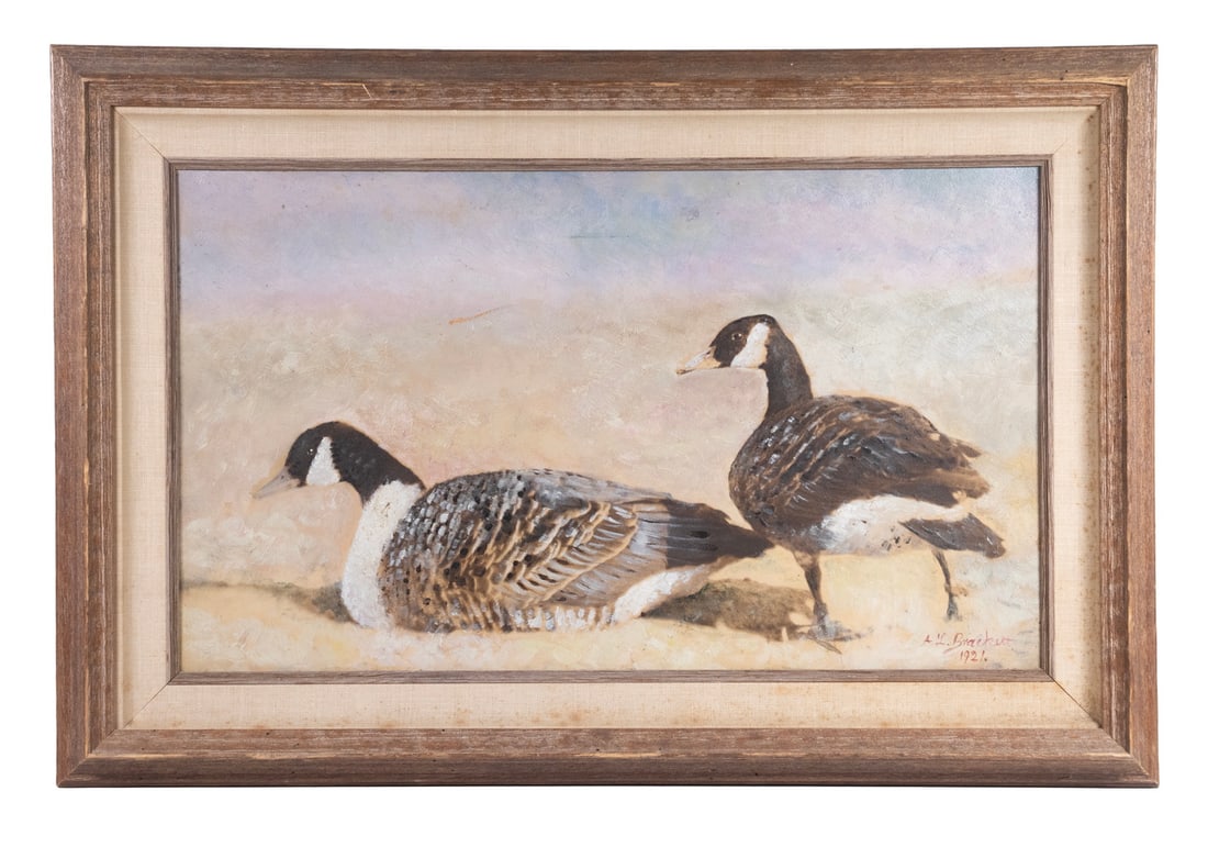 ARTHUR LORING BRACKETT (MA, - 1934): Pair of Canada Geese, oil on board, signed lower right and dated 1921, in barnwood frame with linen liner.OS: 16 1/2 x 25 in. (41.9 x 63.5 cm.), SS: 11 1/2 x 19 in. (29.2 x 48.3 cm.)