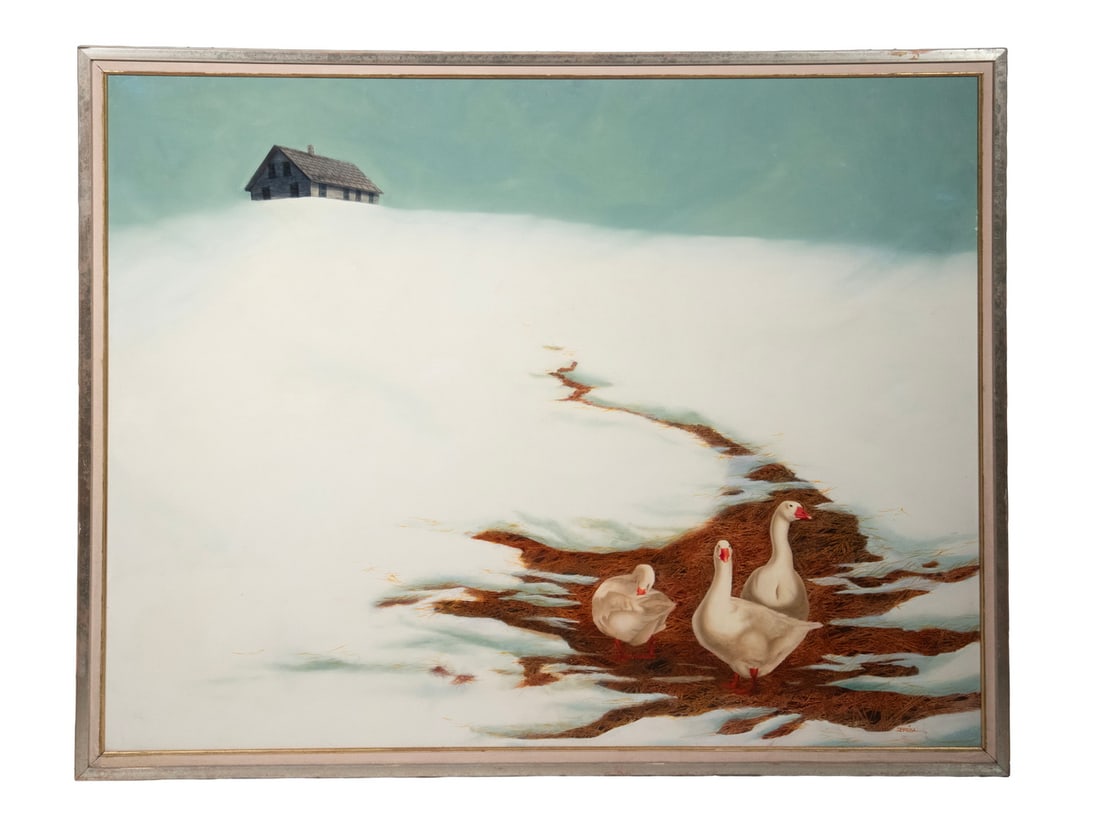 DOUGLAS BREGA (MA, 1948 - ): Three Geese, First Melt, oil on hardboard, signed lower right, stamped verso by Litte Gallery of Springfield, Mass. In silver and gold mitered frame with linen liner.OS: 37 x 46 1/2 in. (94 x 118.1