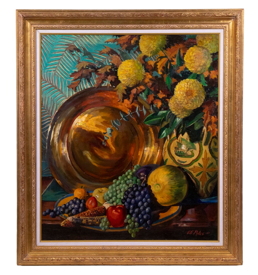 VIRGIL E. PYLES (NY, 1891-1963): Autumnal, a still life with mums, fruit and copper, oil on canvas, signed lower right, titled and signed verso with artist's address of 20 W. 58th St, New York, NY. In replica gilt molded cove frame