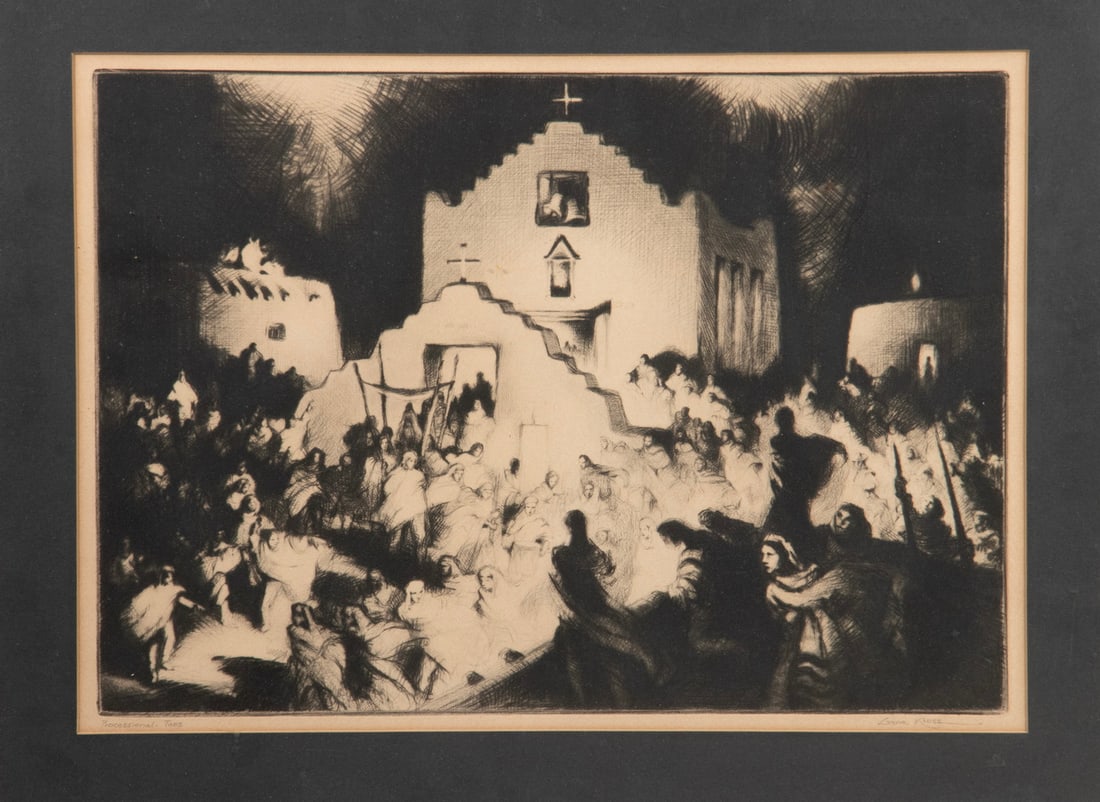 GENE KLOSS (NM/CA, 1903-1996): Return of the Processional -- Taos, 1948, etching and drypoint on paper, pencil signed and titled in lower margin, label verso from Associated American Artists, with registration number 7339.From his