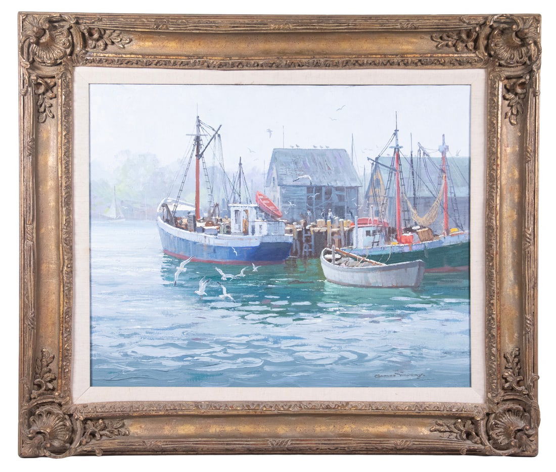 CHARLES BRIDGEMAN VICKERY (IL, 1913-1998): Gloucester Harbor, oil on canvas, signed lower right, title verso. In dull gold matched corner gesso frame with linen liner. OS: 22 x 26 in. (55.9 x 66 cm.), SS: 15 1/2 x 19 1/2 in. (39.4 x 49.5 cm.)