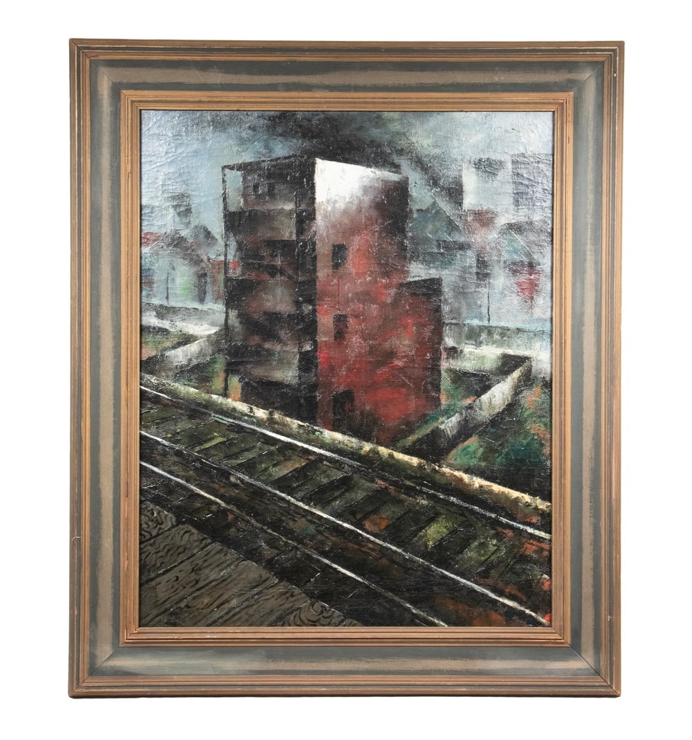 CHARLES HENRY ALSTON (NY/NC, 1907-1977): Elevated Rail and Tenement in Winter, oil on canvas, signed upper right, circa 1950, in black and gold painted molded cover frame. OS: 39 x 33 in. (99.1 x 83.8 cm.), SS: 31 x 25 in. (78.7 x 63.5 cm.)