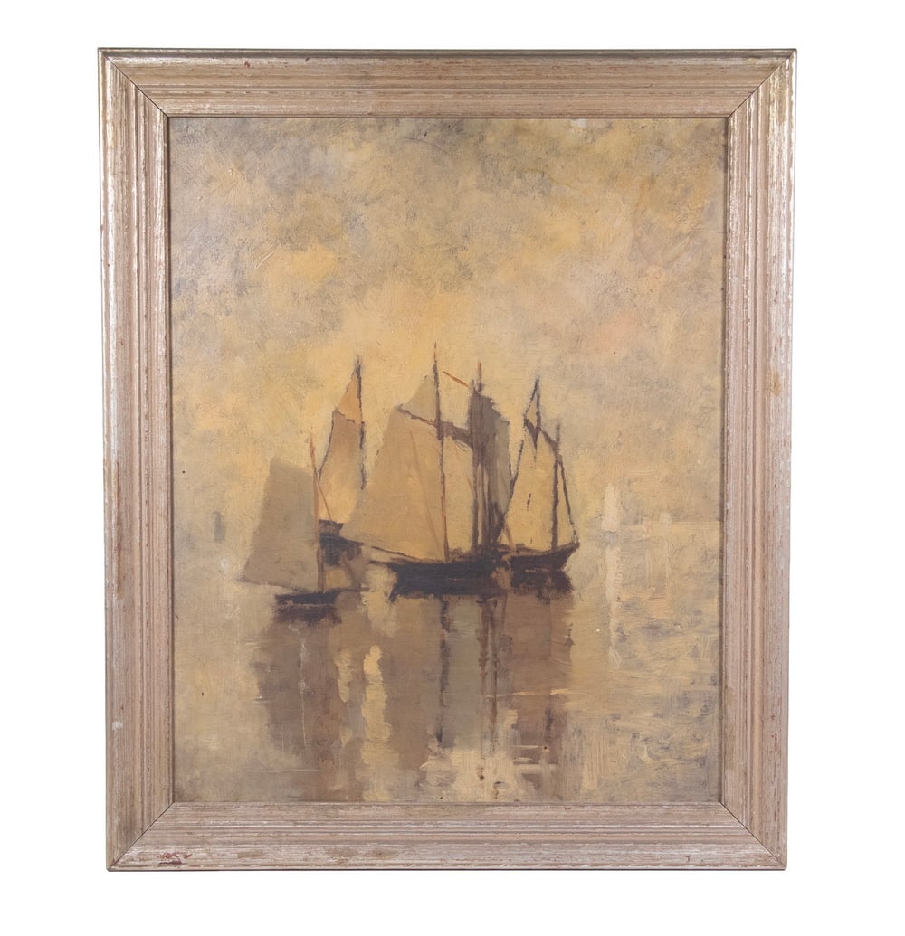 BOSTON MARINE ARTIST: Cluster of Becalmed Coastal Schooners, oil on canvas, unsigned, Frost & Adams of Boston Art Supply house label on stretcher, (active 1869-1921). In silver painted molded frame.